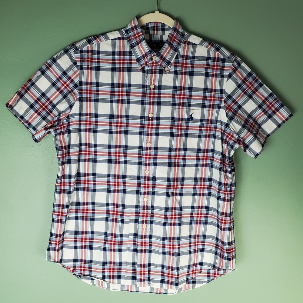Ralph Lauren Red White Blue Plaid Short Sleeve Button Down Shirt Size Large